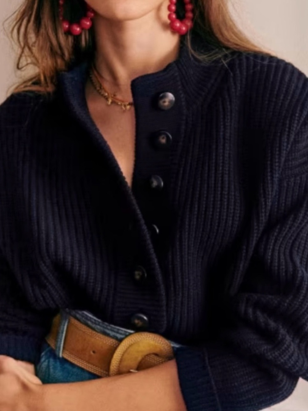 Sezane Lucas Jumper Navy Blue Merino Wool Cotton Rib Knit Button Sweater Fall